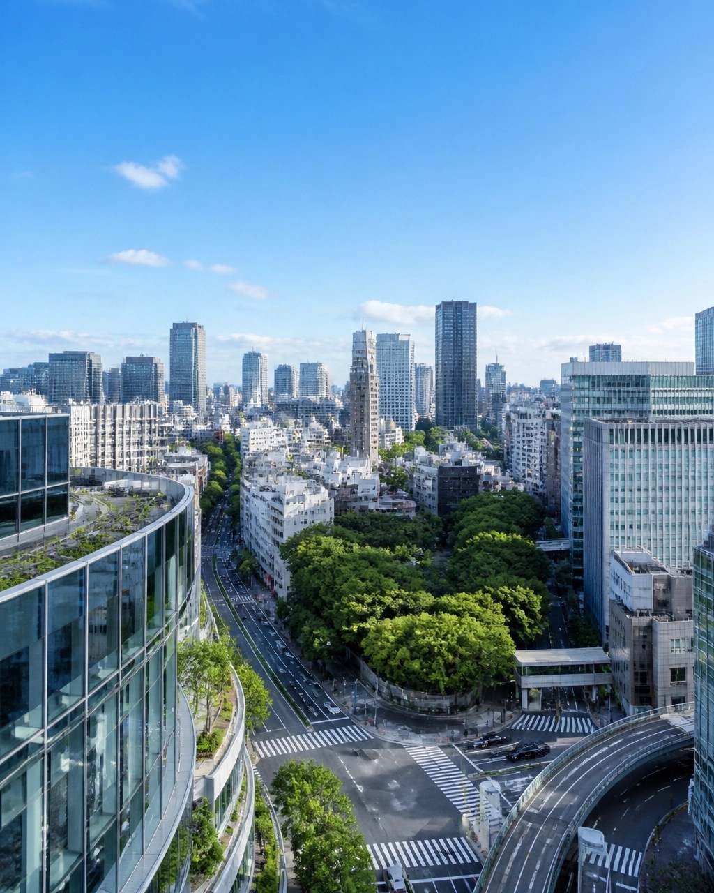 Bright daytime editorial photograph of Tokyo cityscape