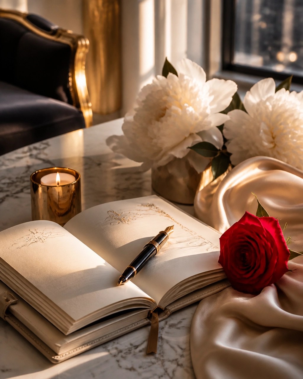 Luxury manifesting love journaling ritual with a cream journal, gold pen, red rose, and marble