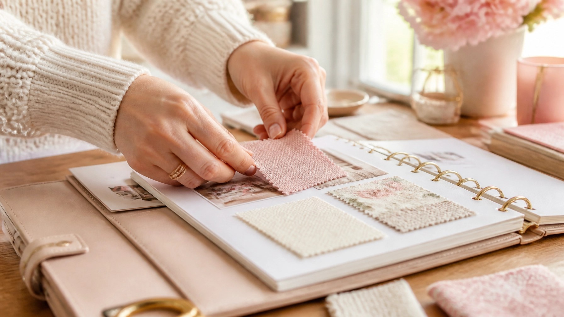 Hands placing fabric swatch into a planner
