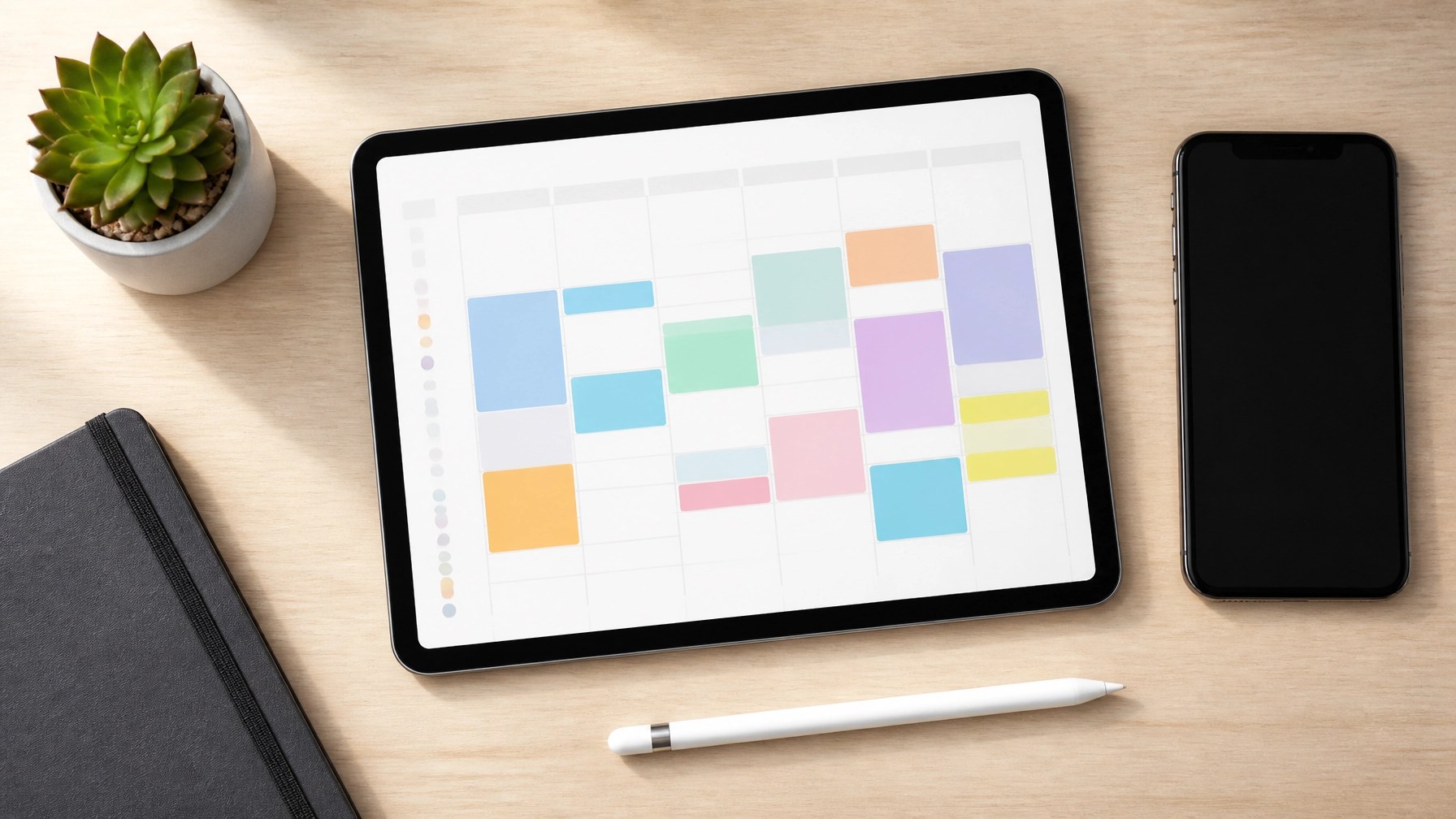 A tablet showing a clean, color-coded weekly schedule