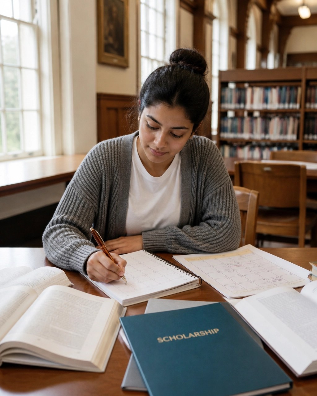 A diverse student planning a structured gap year at a library table with a paper planner, books, and a scholarship folder