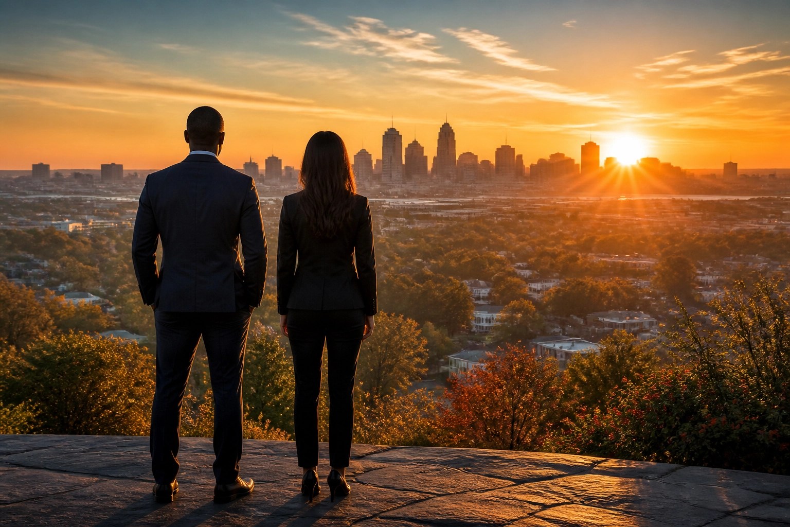Successful investors overlooking the Towson and Baltimore skyline at sunrise representing wealth growth.