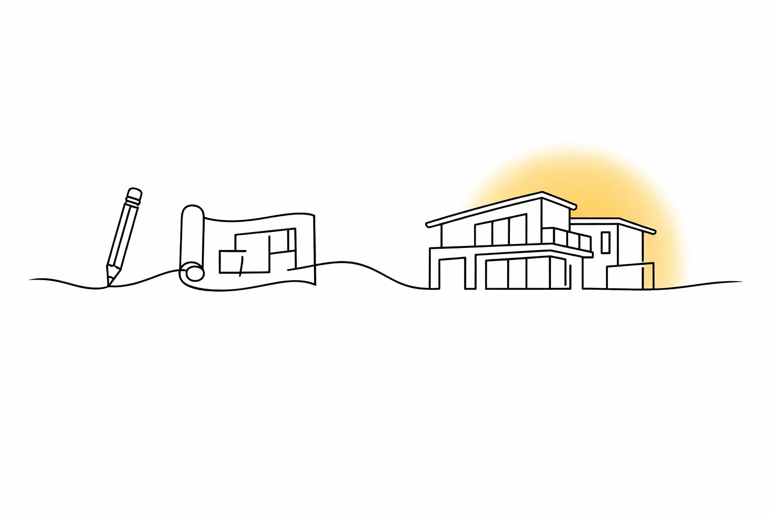Line illustration showing the seamless transition from home design blueprints to a custom two-story house.