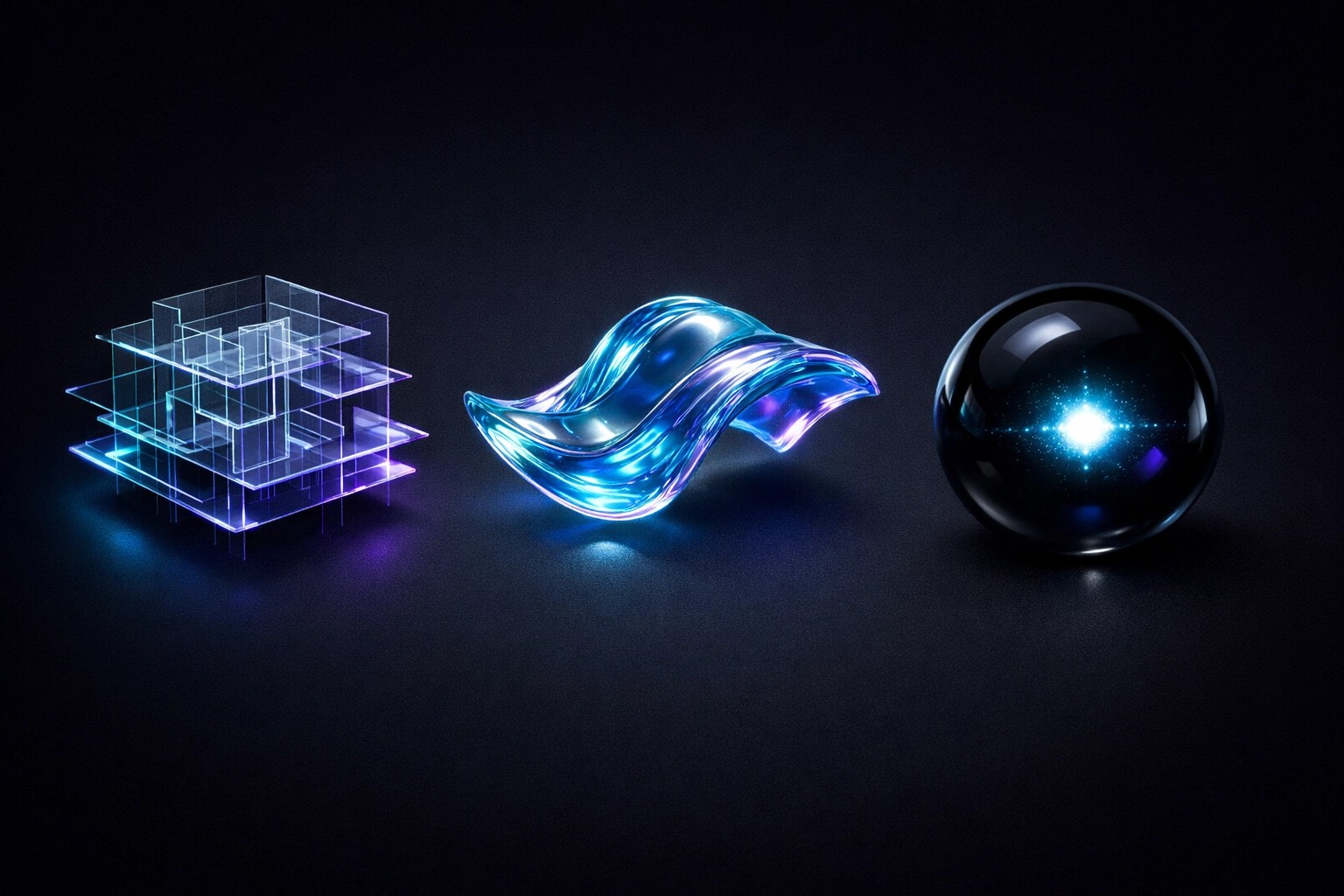 Glowing geometric shapes representing specialized agency expertise in WordPress, Webflow, and Shopify platforms.