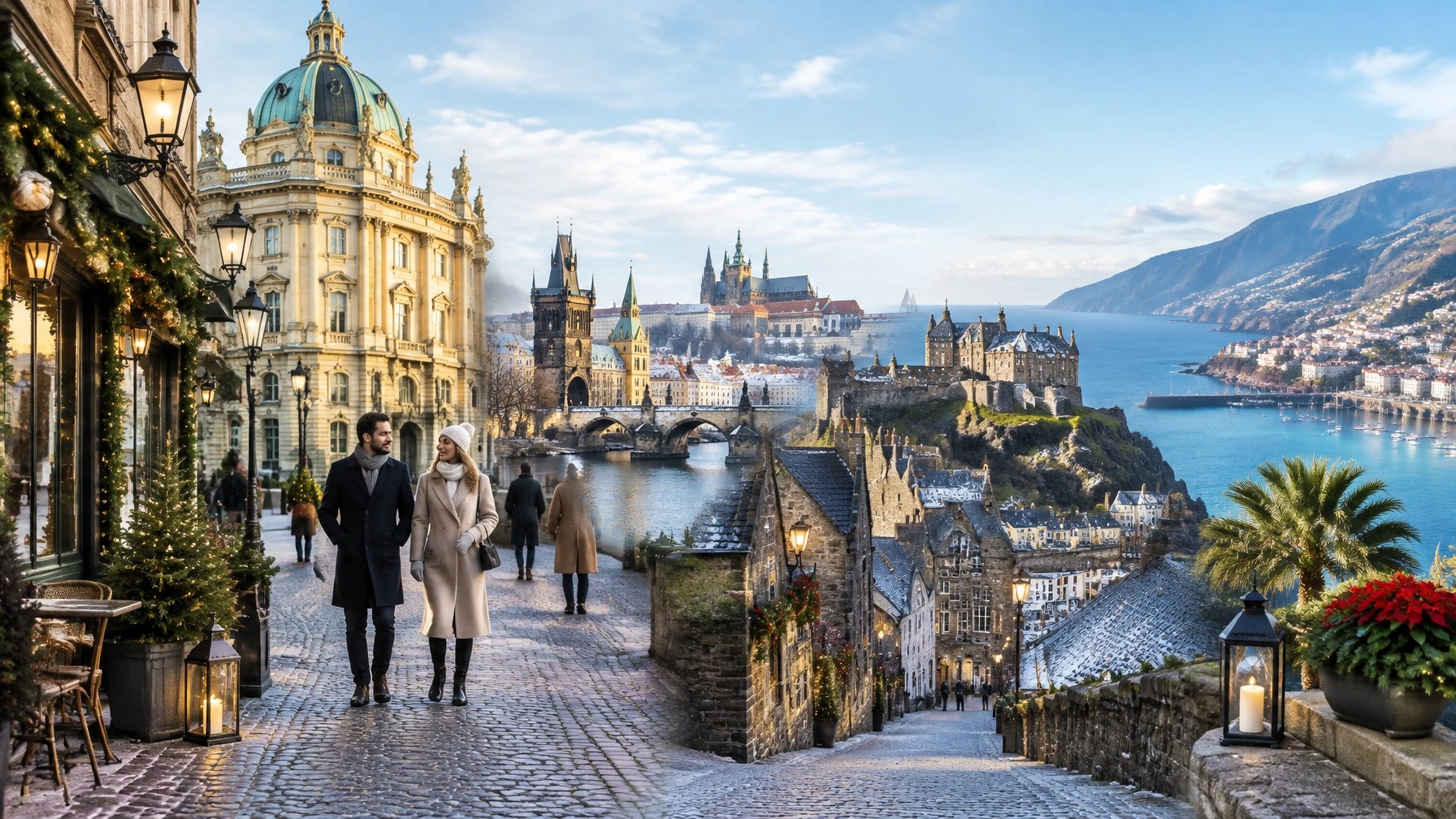 Bright daytime editorial view of an elegant European New Year's city break with historic architecture, festive details and a calm refined atmosphere
