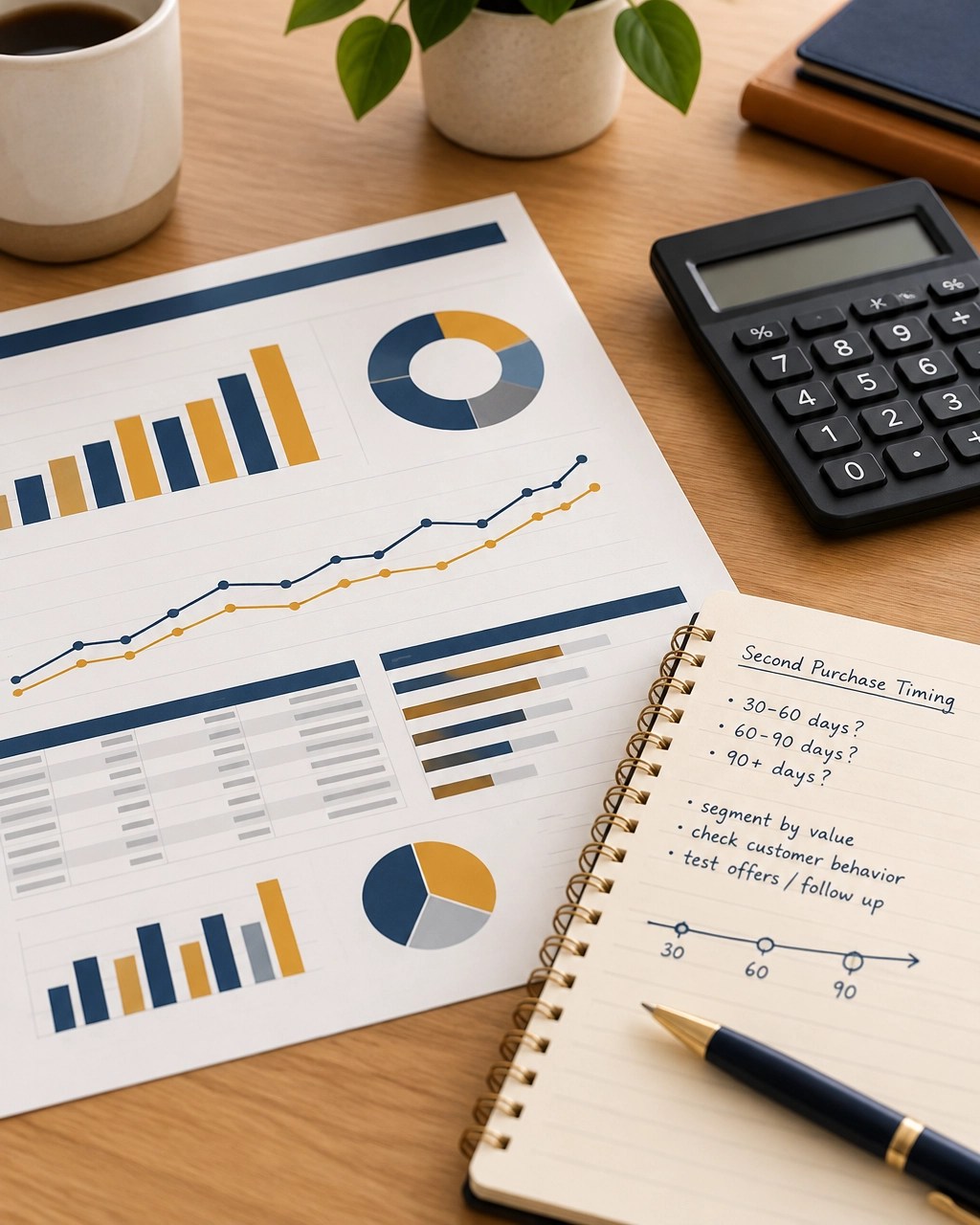 Close-up of a customer purchase report, calculator, and handwritten follow-up notes
