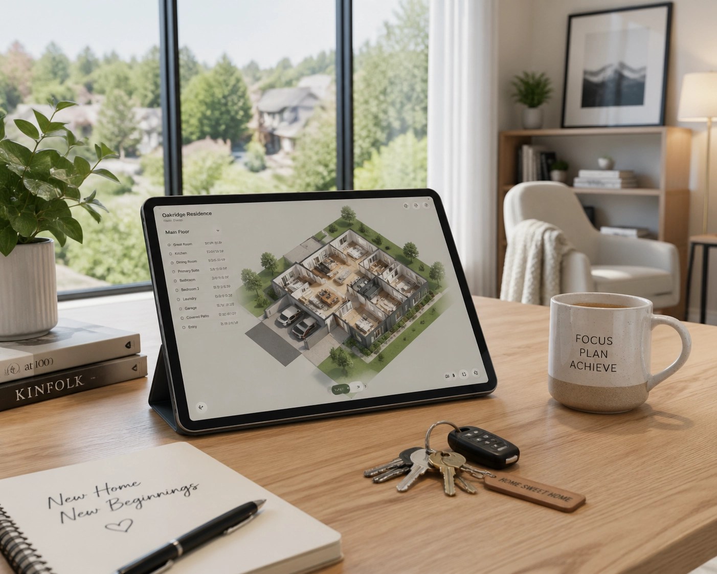 Modern home office with a digital house floor plan and keys for Greene County Ohio real estate buyers.