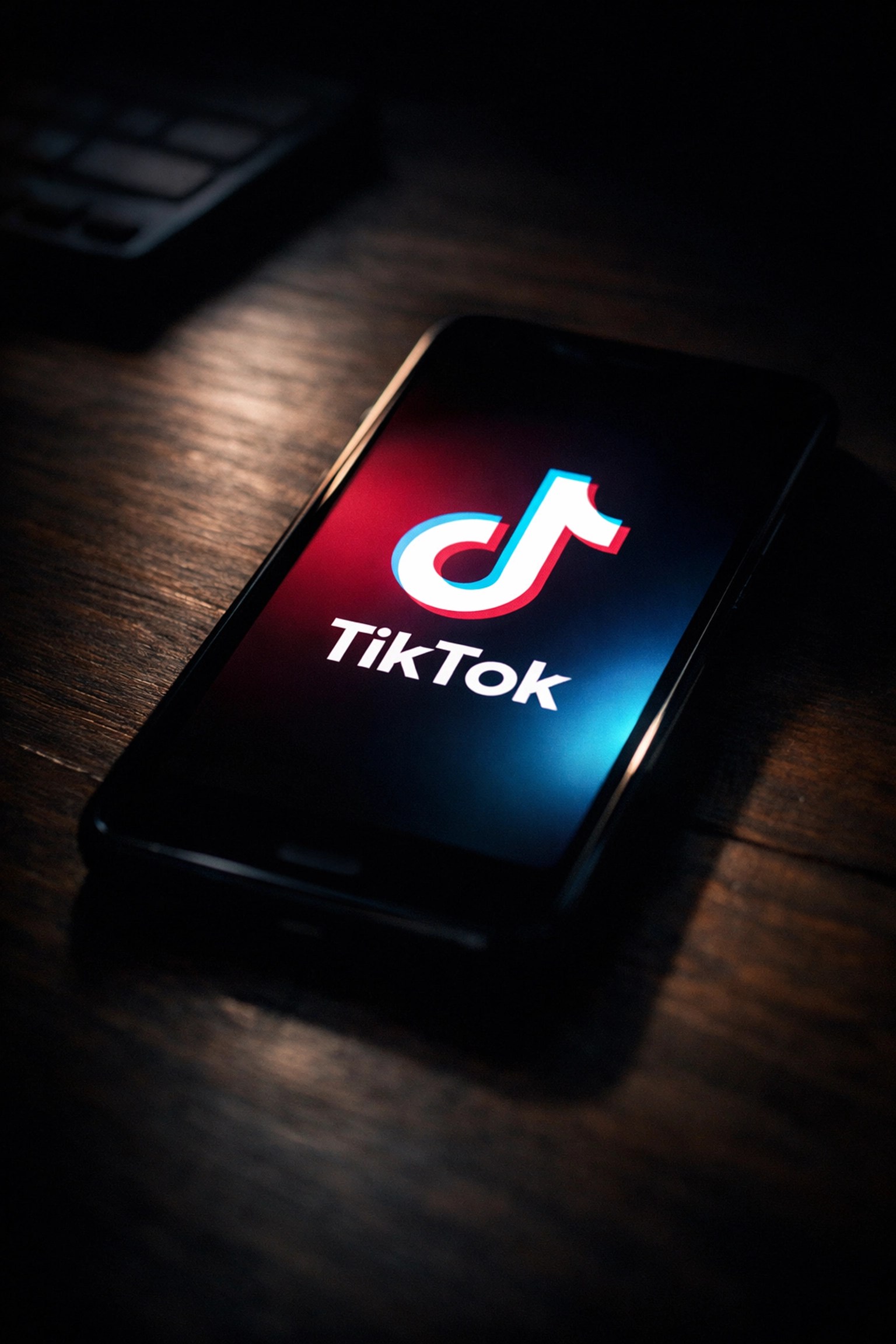Smartphone displaying TikTok app in dark room representing algorithm surveillance and data collection