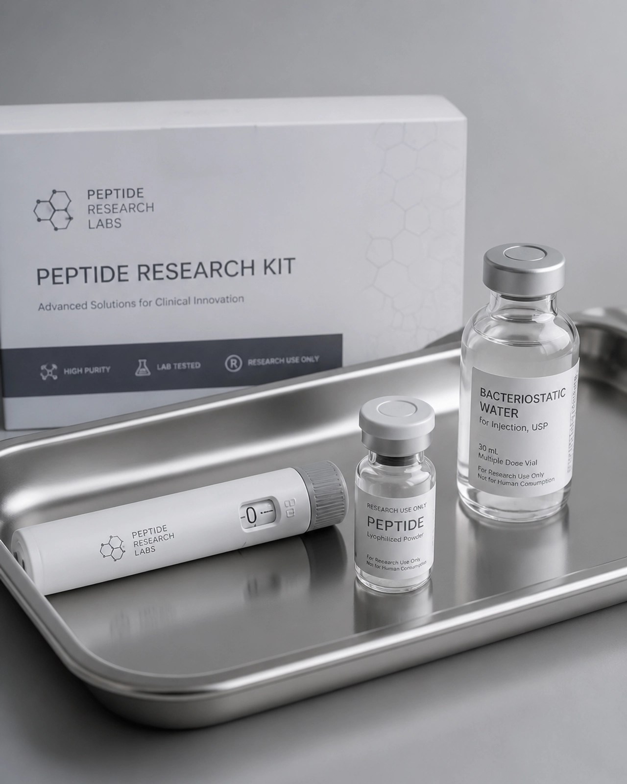 A high-end, clinical setup featuring a peptide research kit with a reusable injection pen and vials on a stainless steel tray.