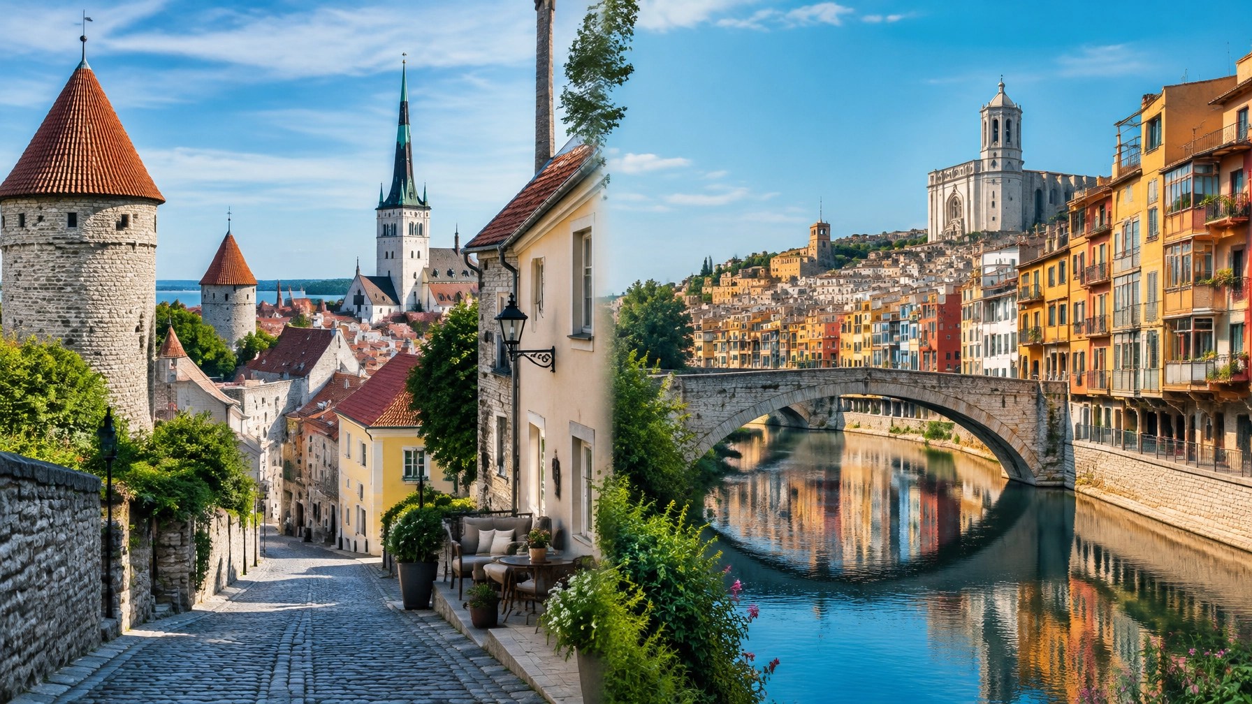 Tallinn medieval rooftops and Girona’s colourful riverfront in bright daytime