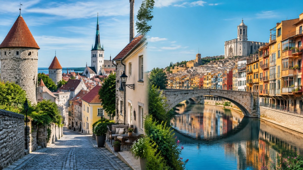 Tallinn medieval rooftops and Girona’s colourful riverfront in bright daytime