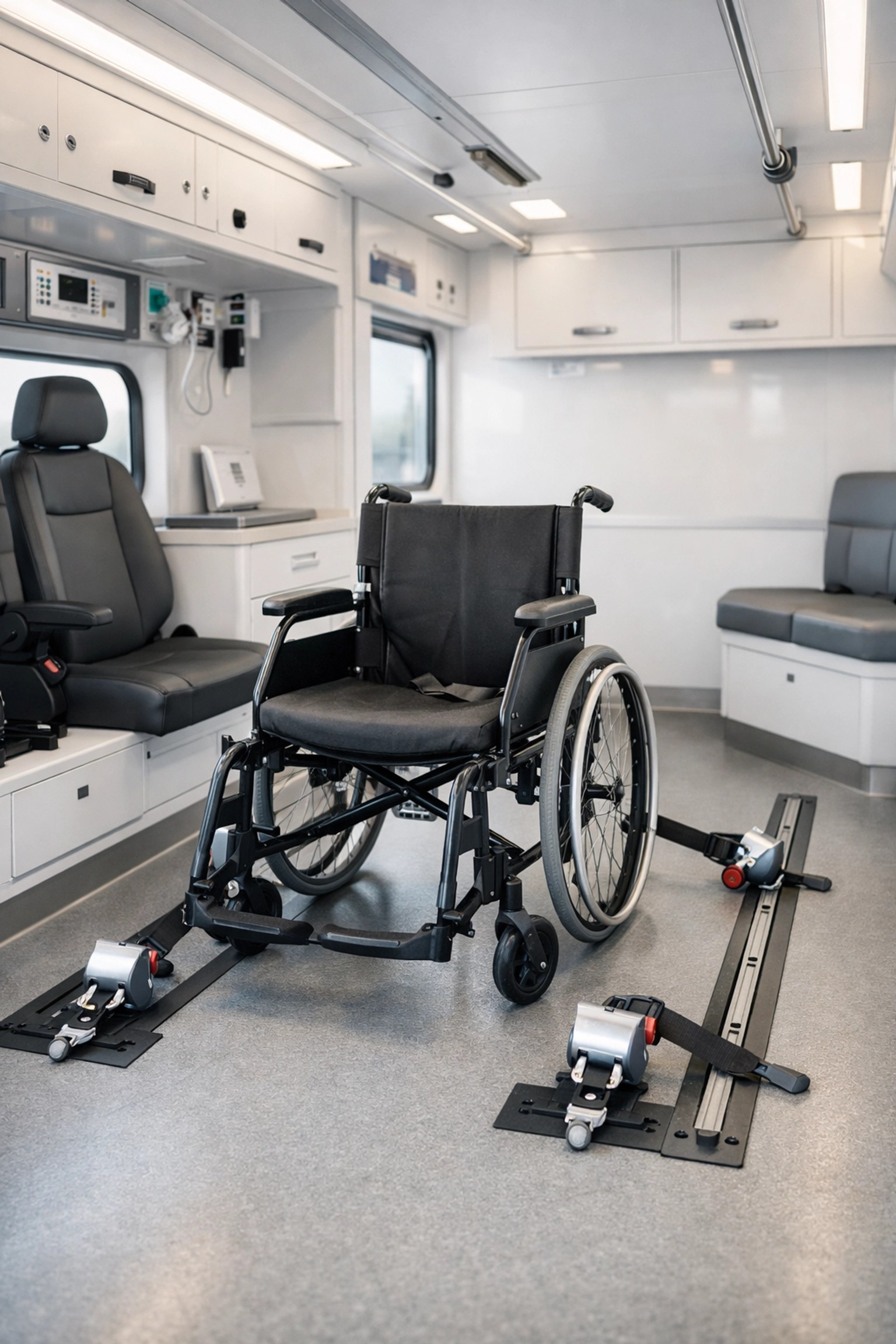 Inside a modern NEMT vehicle featuring a professional wheelchair securement system for patient safety.