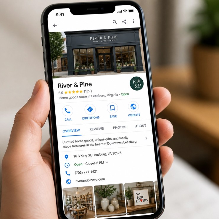 A smartphone displaying a perfectly optimized Google Business Profile for a local Virginia shop