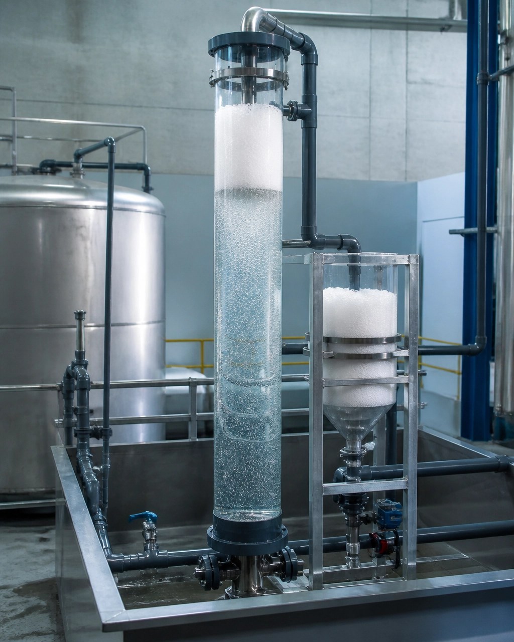 Industrial foam fractionation PFAS treatment column and foam collection system