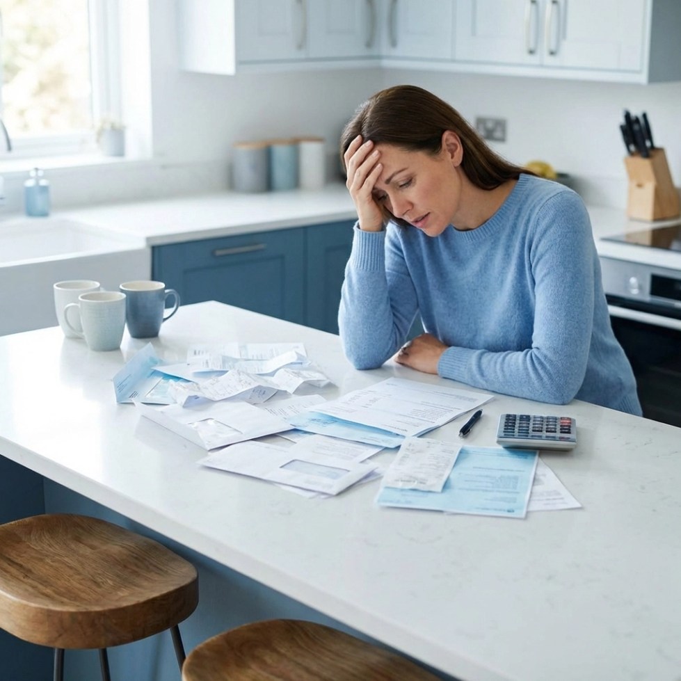Person stressed by multiple bills at kitchen table, representing the burden of separate service payments