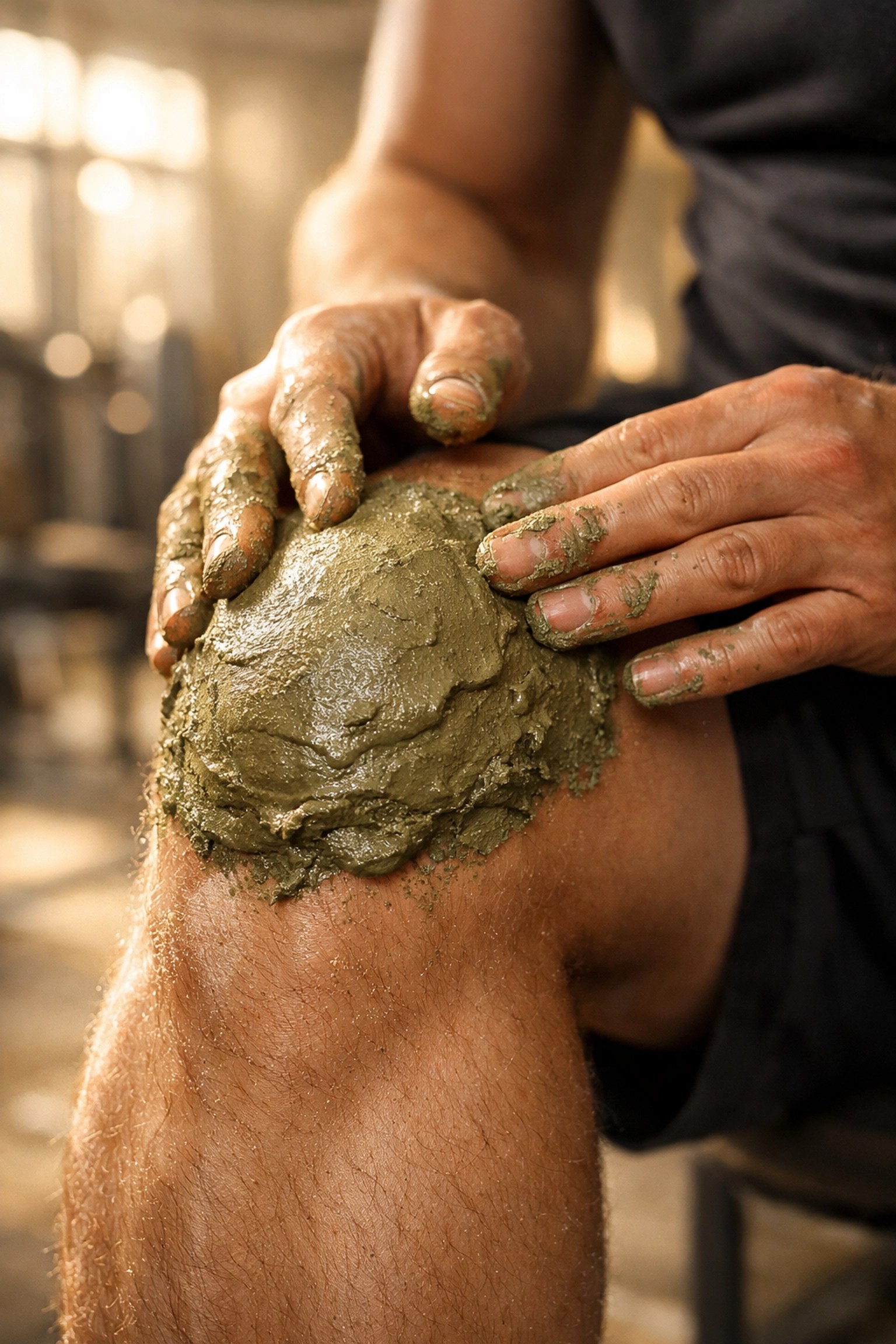 Athlete applying natural green clay poultice to knee for sports recovery and inflammation.