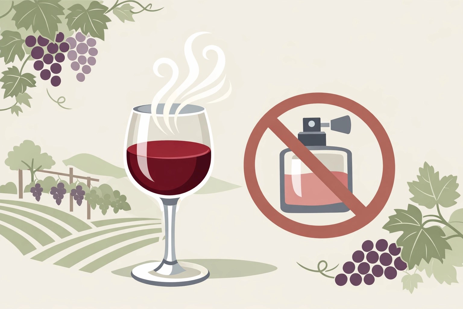 Wine glass showing aromatic notes compared to avoided perfume bottle