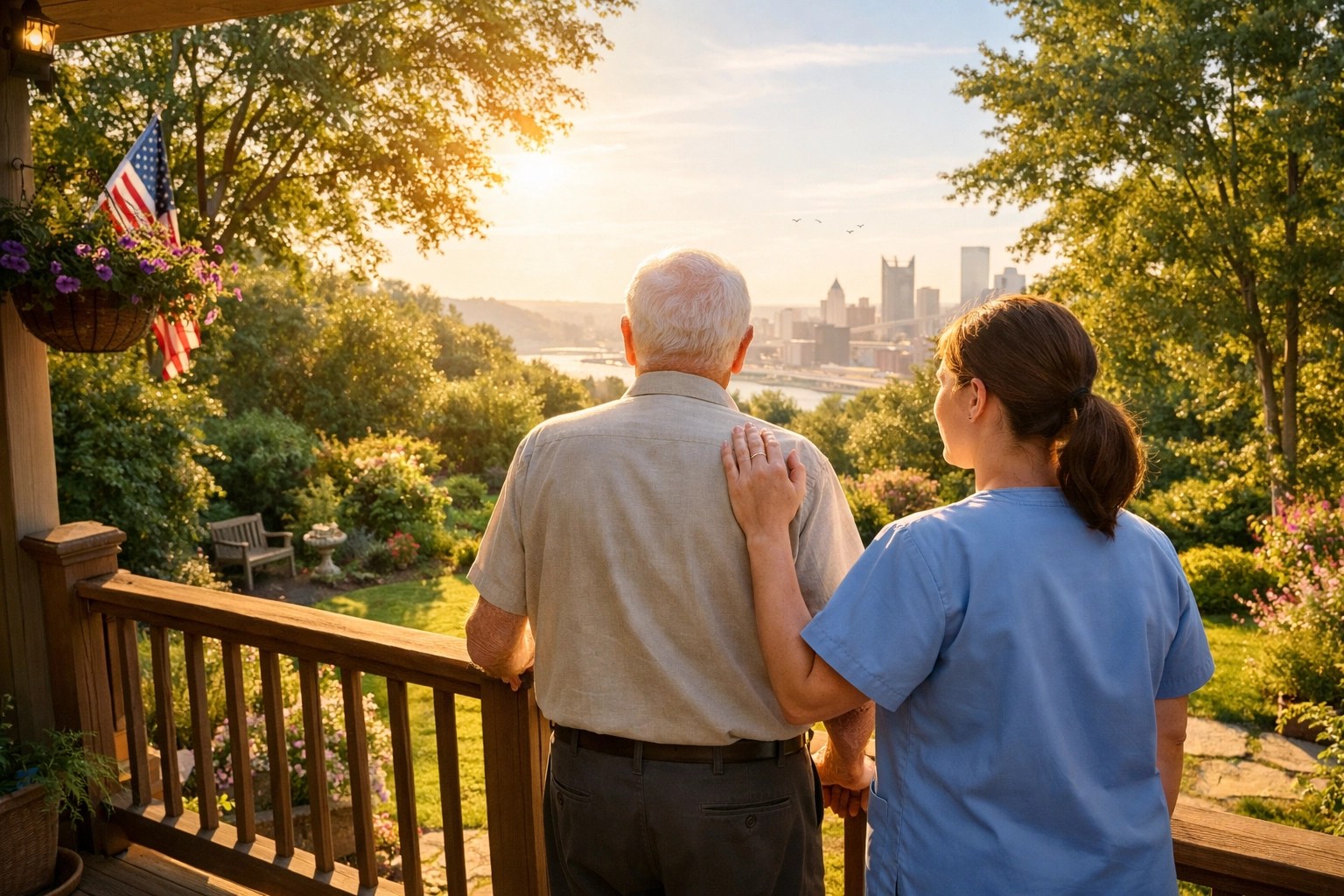 Senior man and caregiver on a Pittsburgh porch, showing the freedom of aging in place with support.