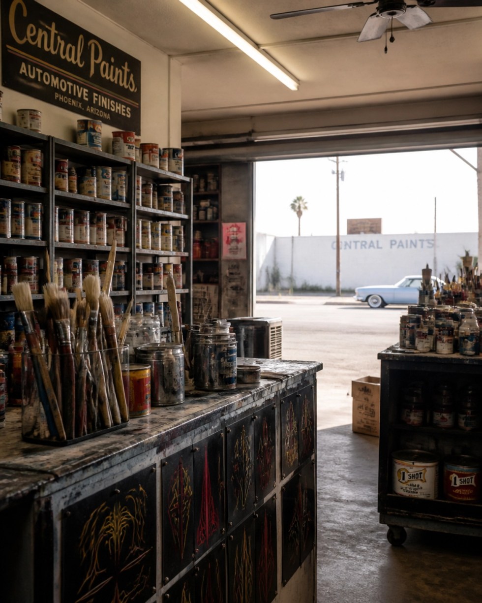 The interior of a nostalgic Phoenix paint shop with vintage cans and pinstriping brushes