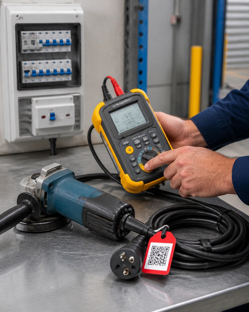 Technician using an electrical safety tester on commercial equipment in a warehouse