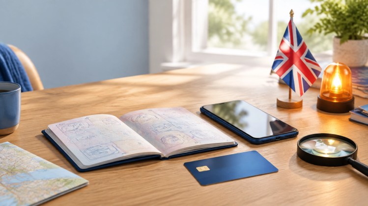 Passport, smartphone, and travel payment materials arranged for checking an official travel website