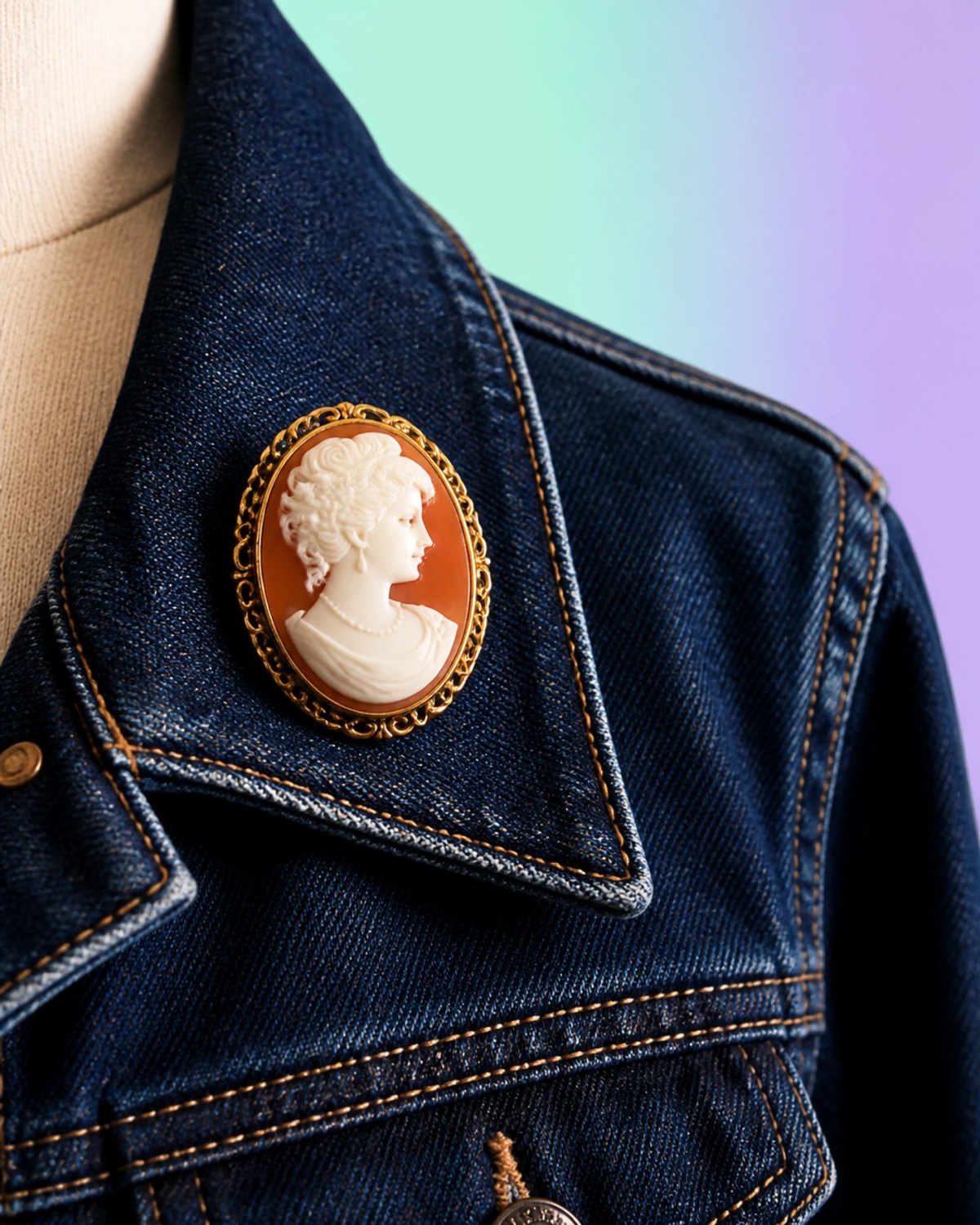 Victorian shell cameo brooch pinned to a modern denim jacket showing vintage jewelry styling.