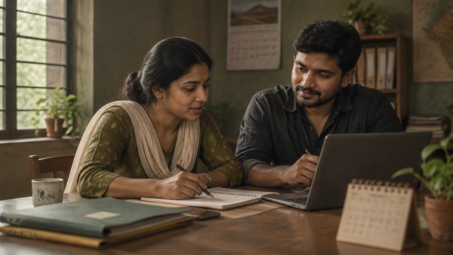 Two Indian NGO team members plan records and responsibilities together at a community office table