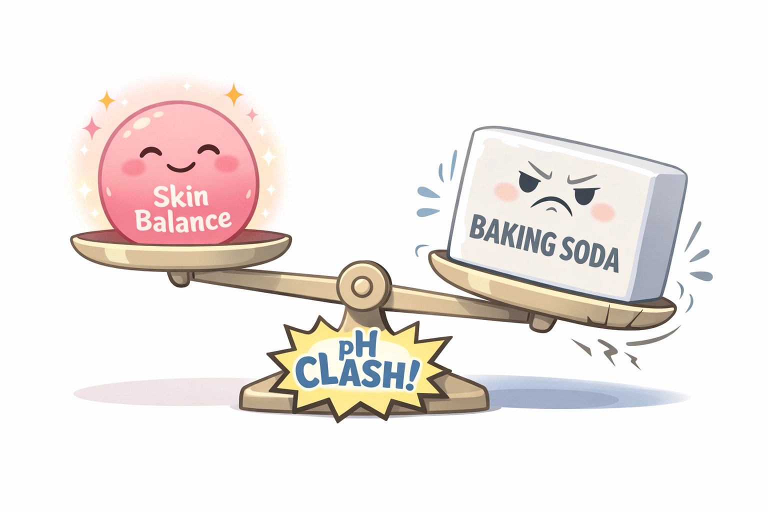 Graphic of a scale comparing healthy skin balance to the harsh effects of baking soda in deodorant.