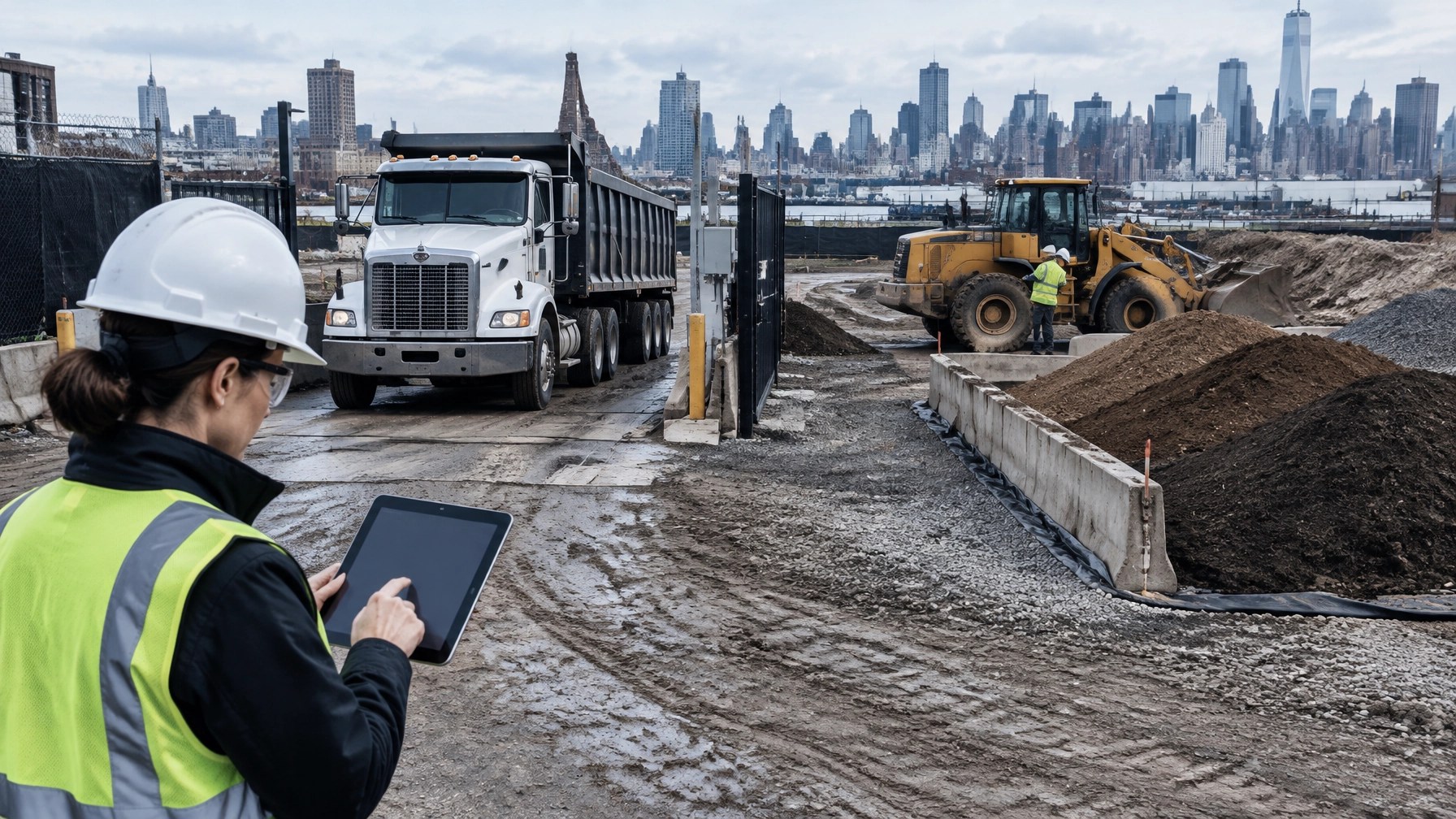 Lined haul truck waiting at a controlled New Jersey brownfield excavation entrance while environmental professionals verify soil shipment documentation