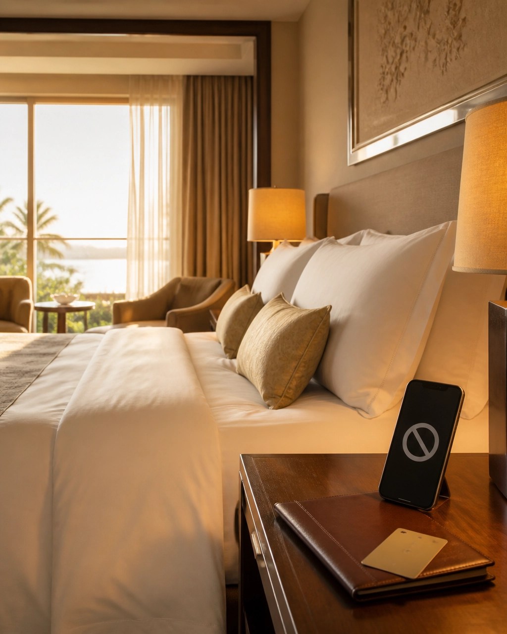 Serene luxury hotel suite with travel wallet and phone showing a generic system interruption symbol