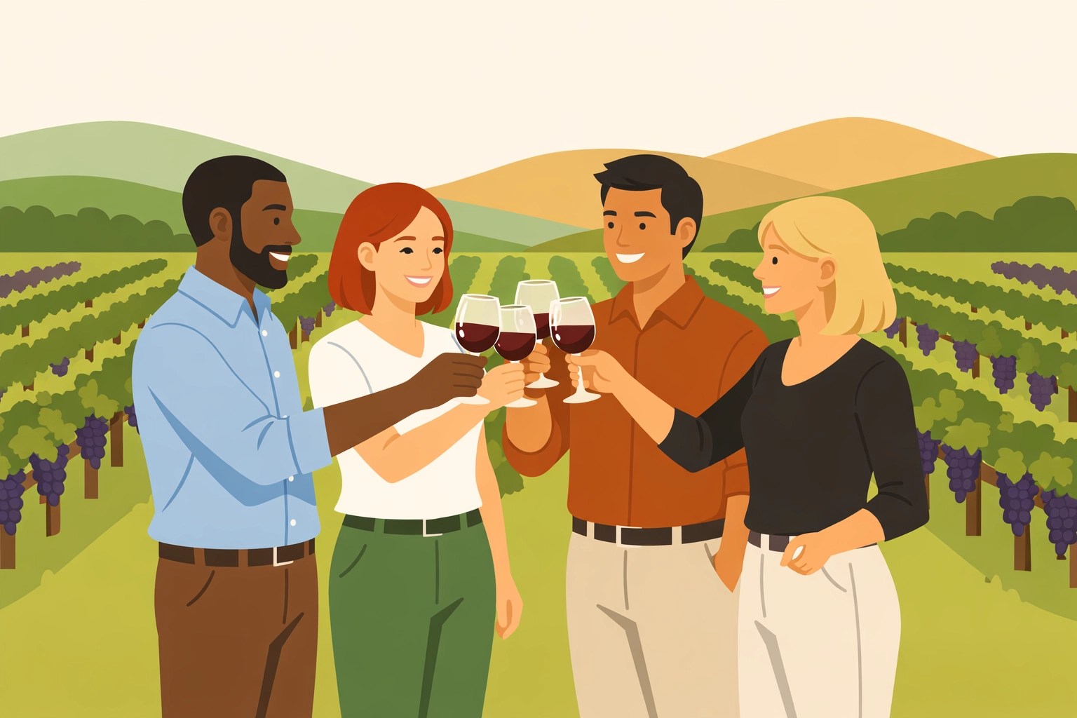 Professionals bonding and clinking wine glasses in a peaceful Virginia vineyard setting.