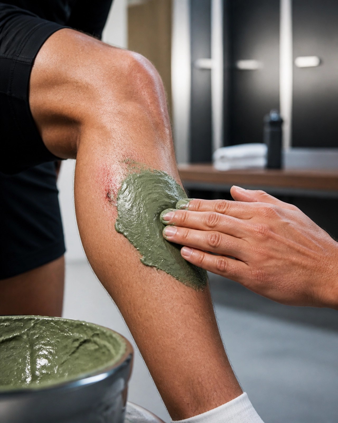 Applying a clay poultice to an athlete's leg