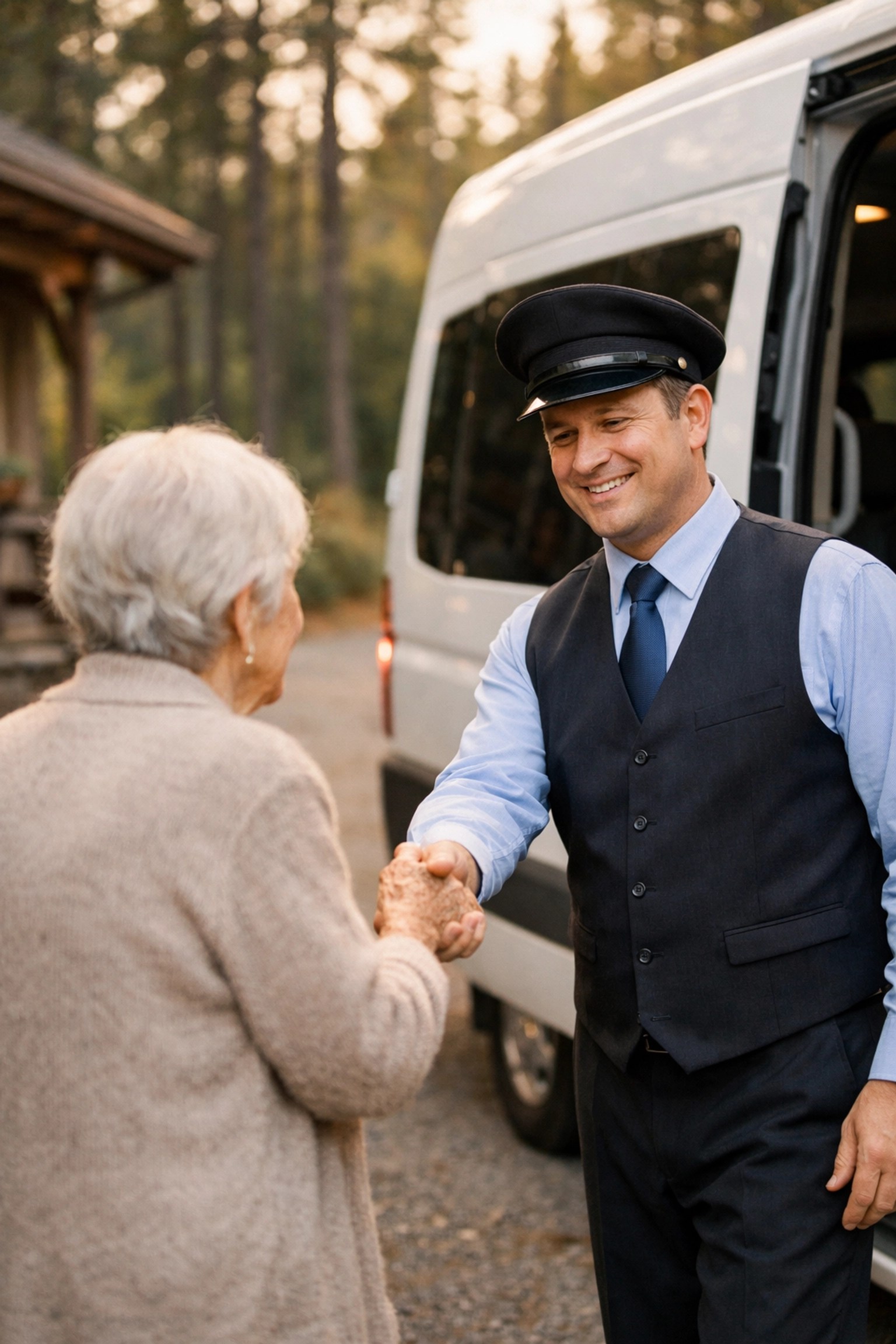 Professional medical transport driver assisting a senior in a rural driveway for a scheduled ride.
