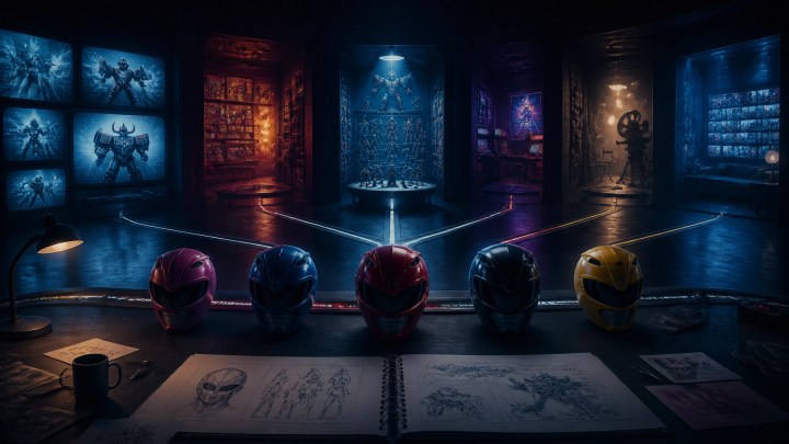 A nostalgic command center with Ranger helmets, comics, toys, games, and branching paths toward the future