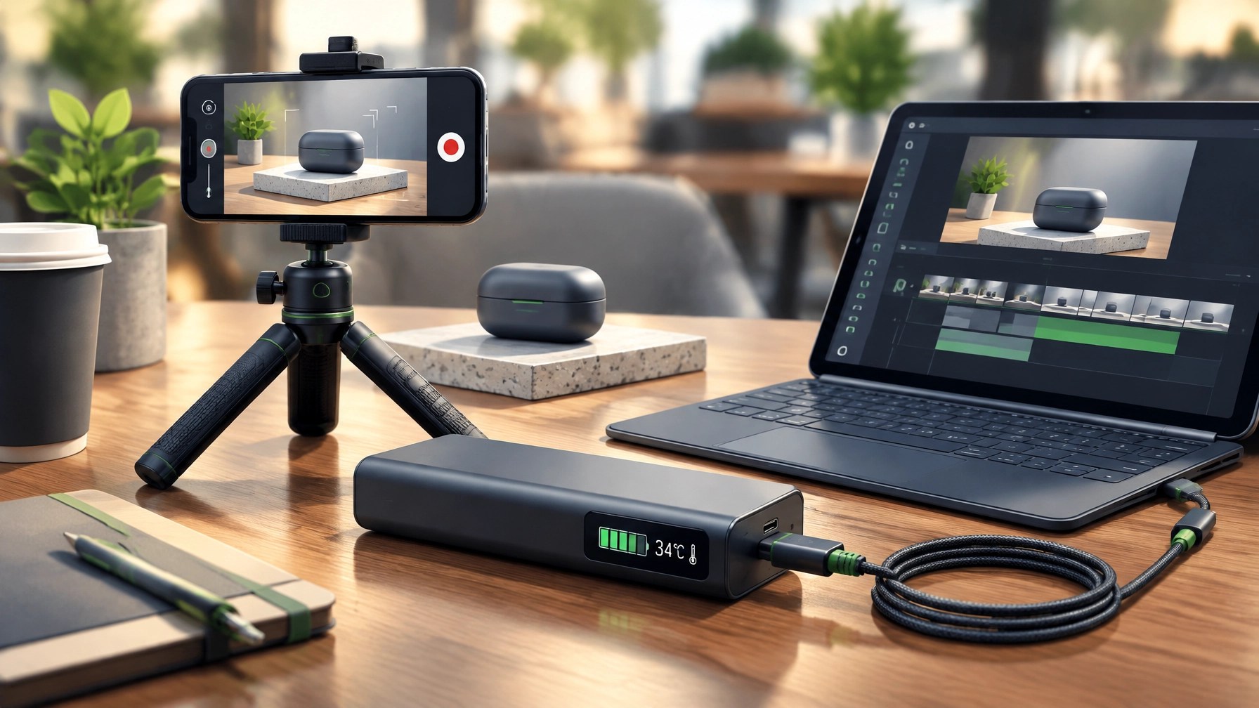 A portable work setup with a phone filming a product and a power bank close at hand