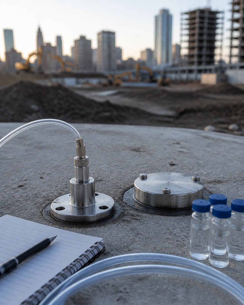 Soil vapor sampling point and monitoring equipment at an urban redevelopment site