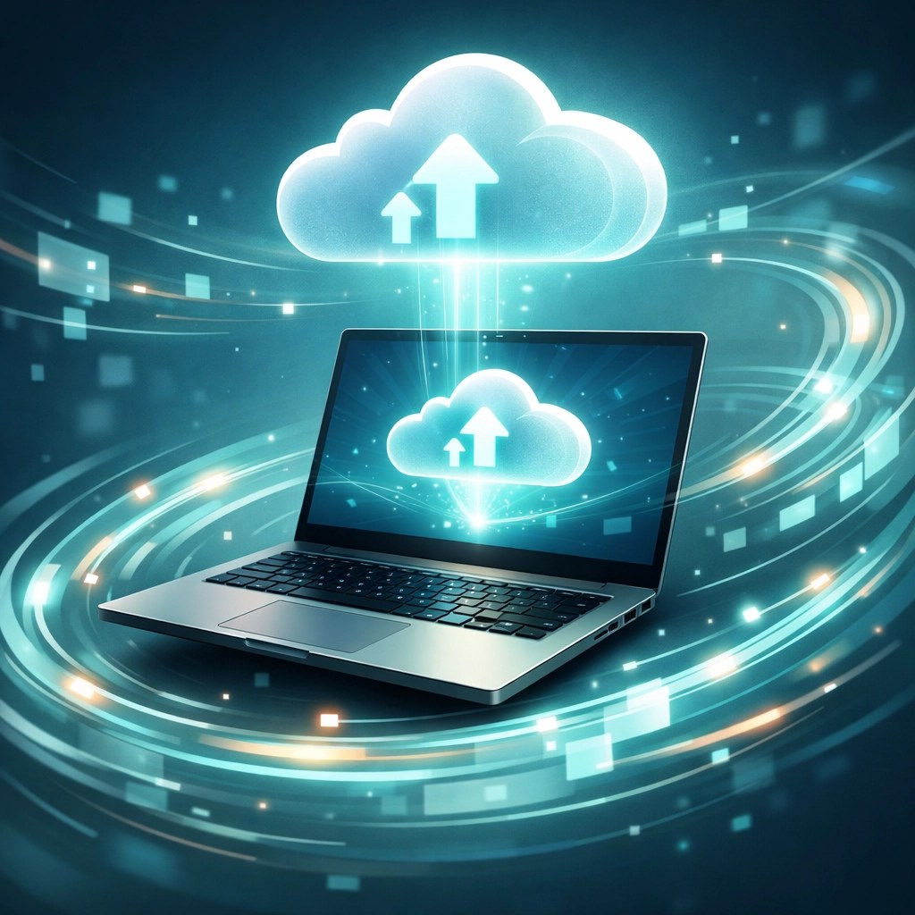 Laptop connecting to cloud data for fast remote IT support and remote PC troubleshooting for businesses.