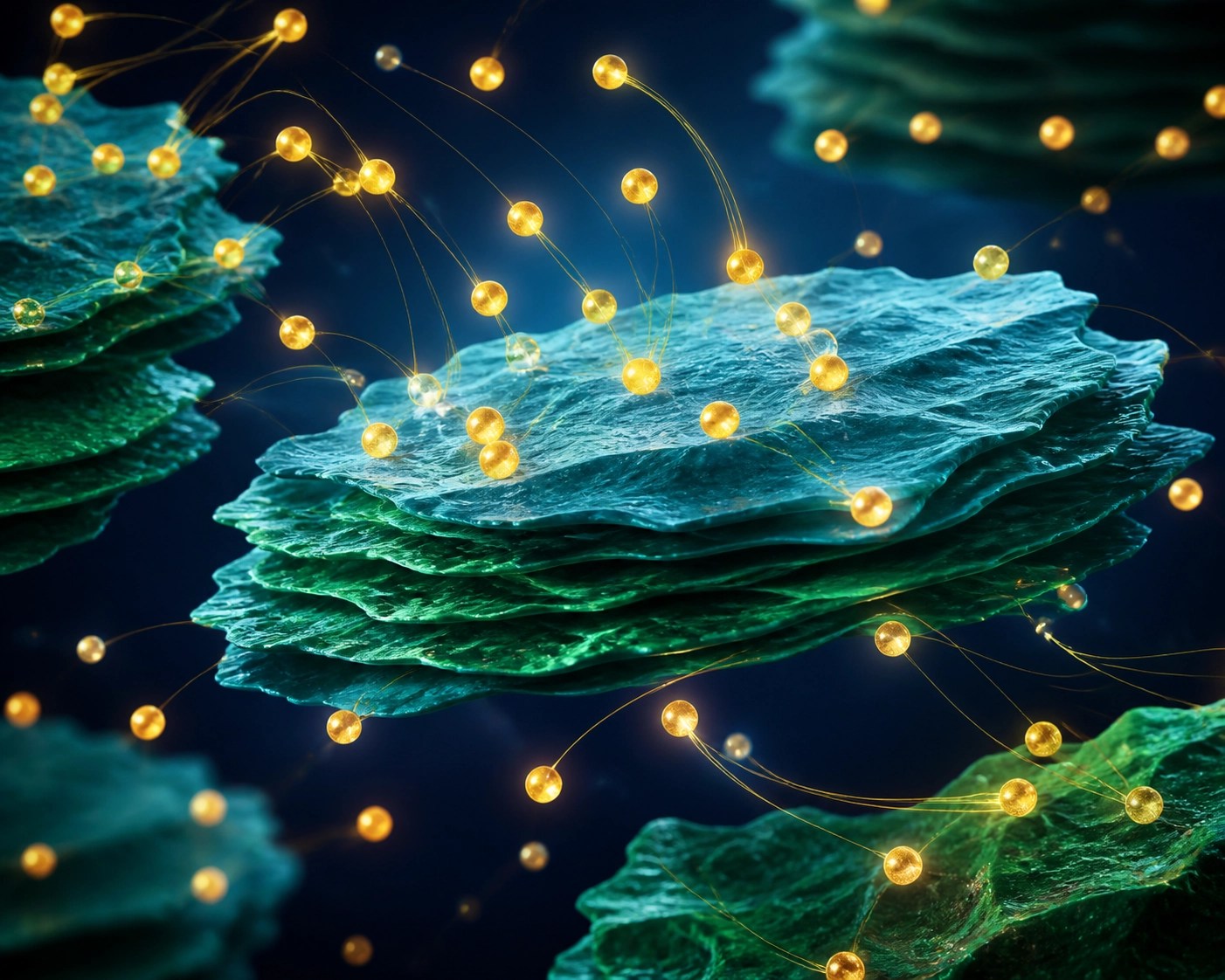Scientific visualization showing clay particles magnetically attracting and binding toxins through adsorption.