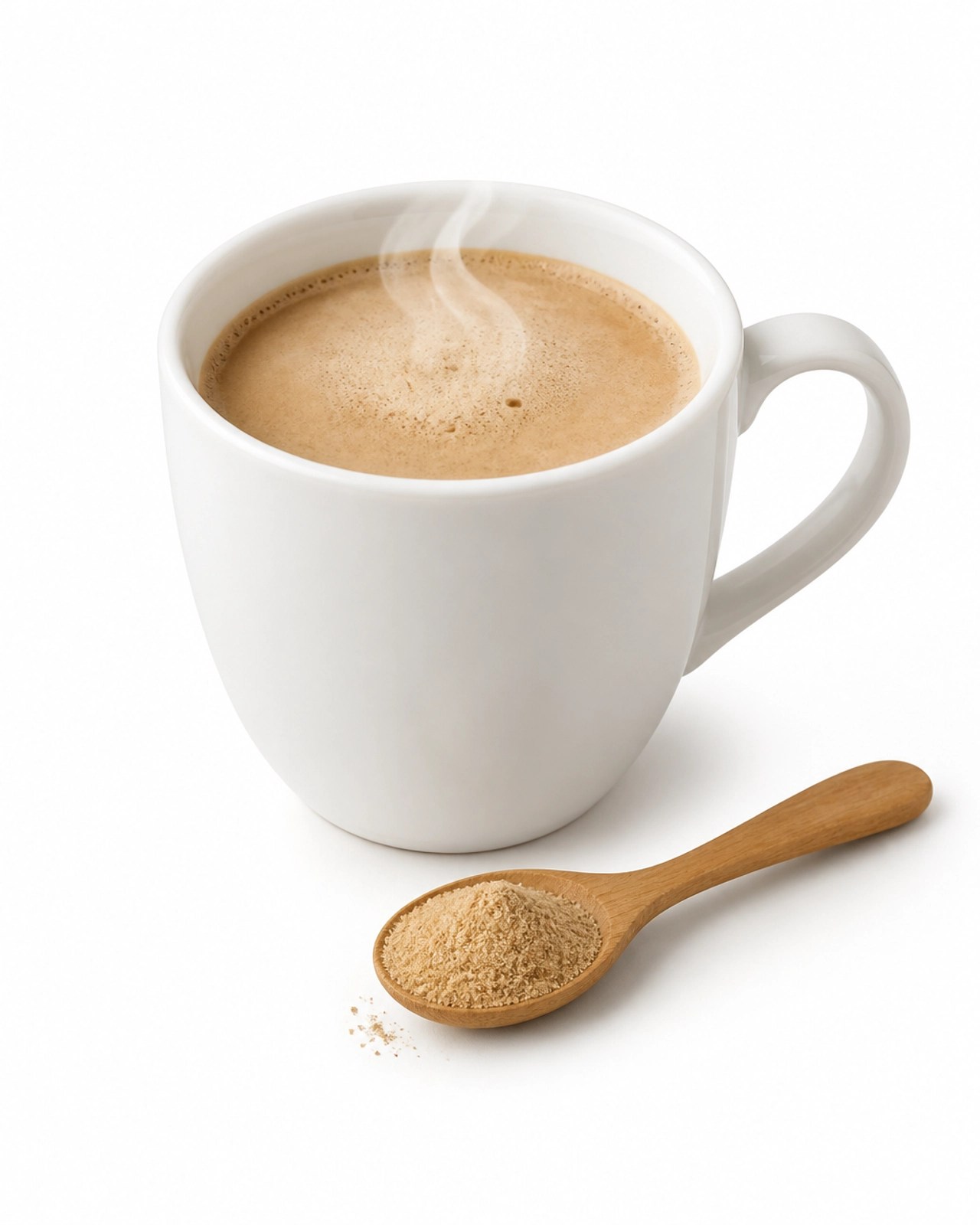 Una taza de café latte herbal con polvo de Shatavari y Ashwagandha, ideal para una rutina de bienestar diaria.