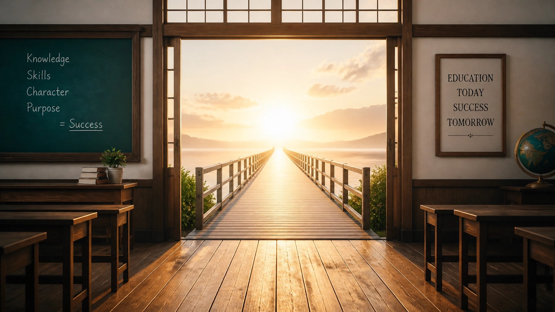A pathway leading from a classroom toward a bright, sunlit horizon.