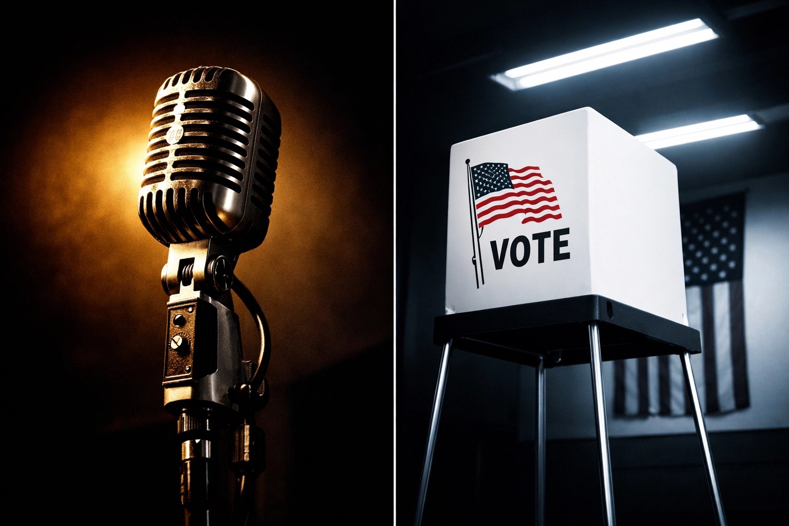 Recording studio microphone and voting booth representing hip hop artists' choice between music and politics