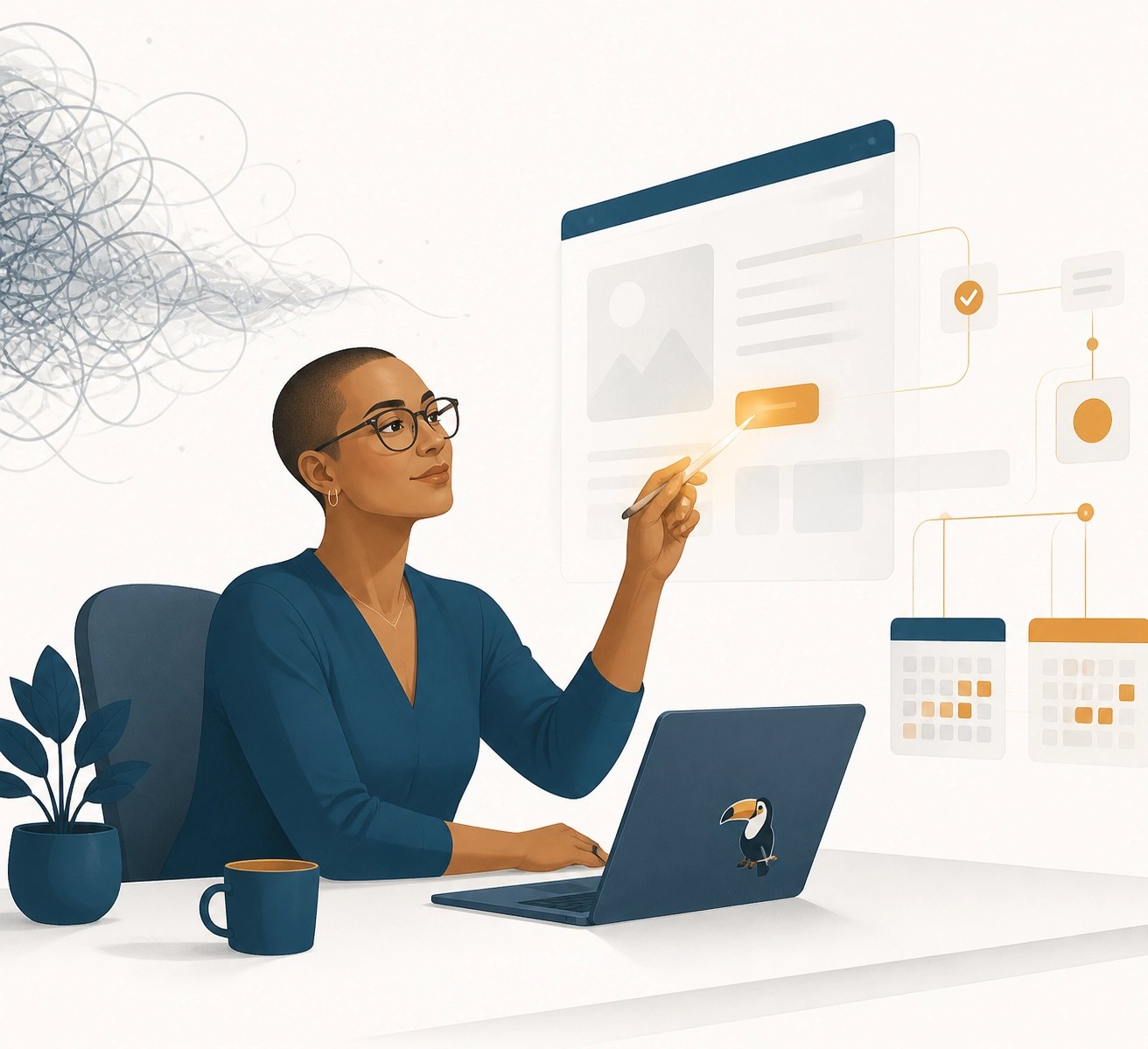 Professional woman at a minimalist desk simplifying a therapy website layout with a clear call to action button.