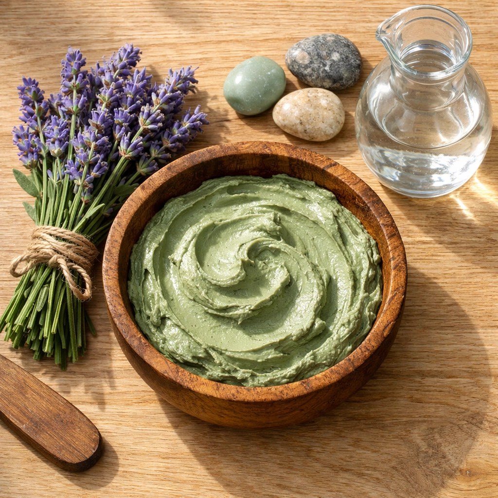 Natural green clay paste in a wooden bowl with lavender, used for first aid and skin healing.