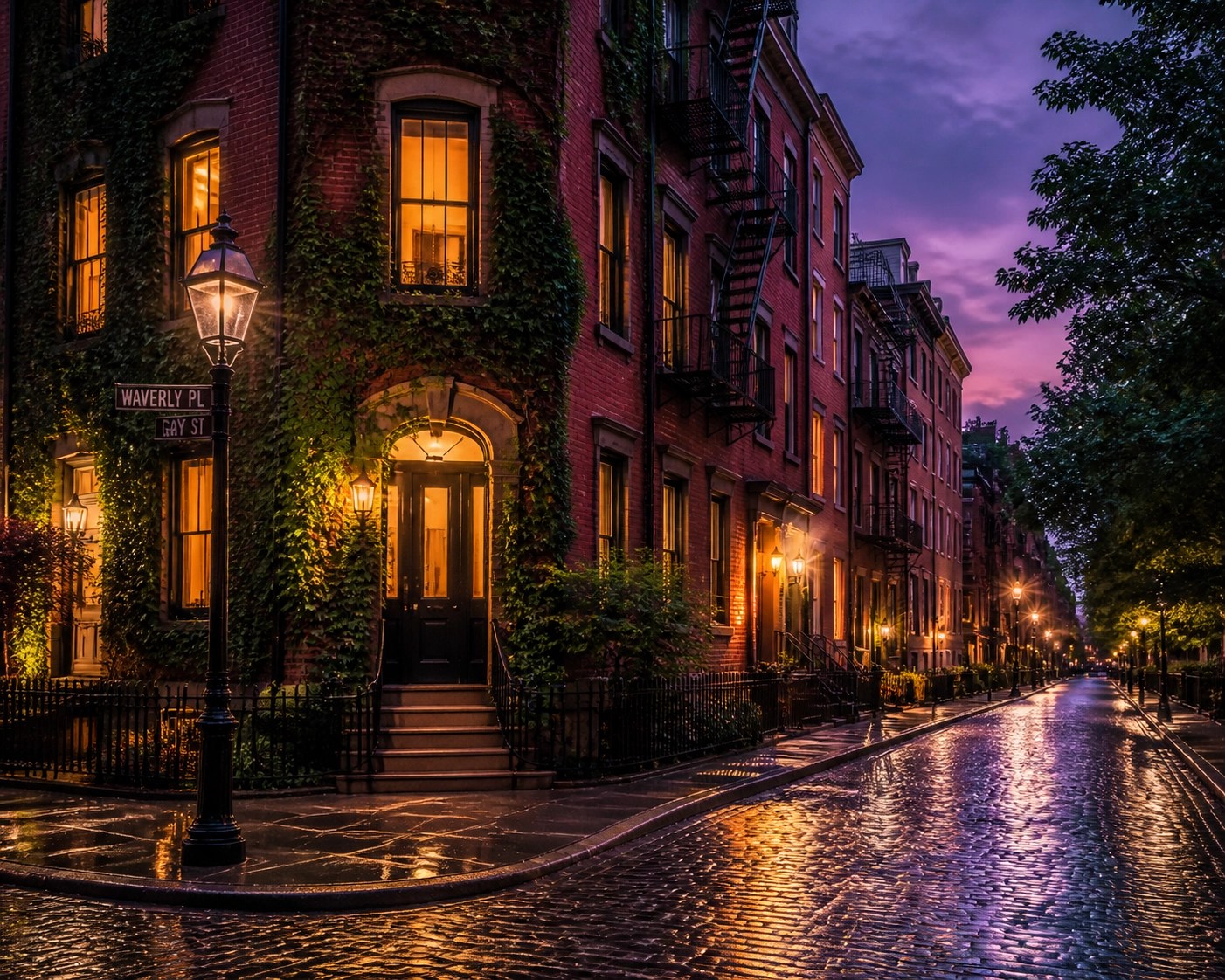 Historic West Village brownstones and cobblestone streets in New York City at twilight.