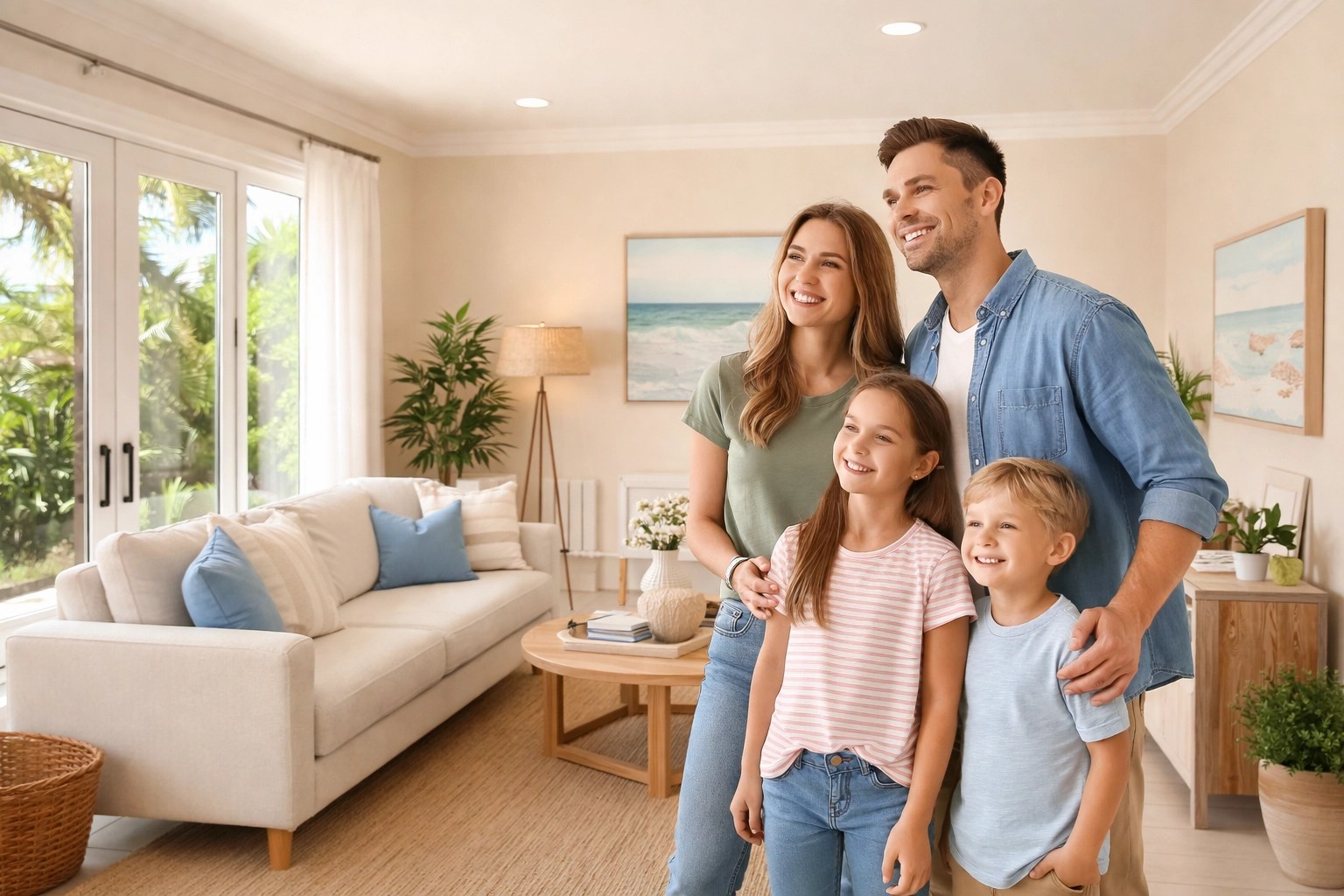 Happy family admiring newly painted living room, highlighting quality residential painting in the Treasure Coast