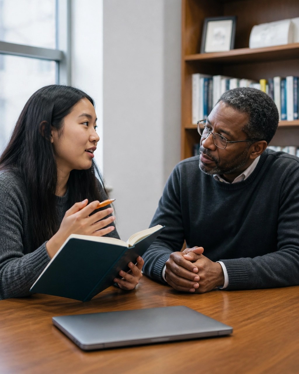 A diverse college student asks a professor a question during a supportive library office hour