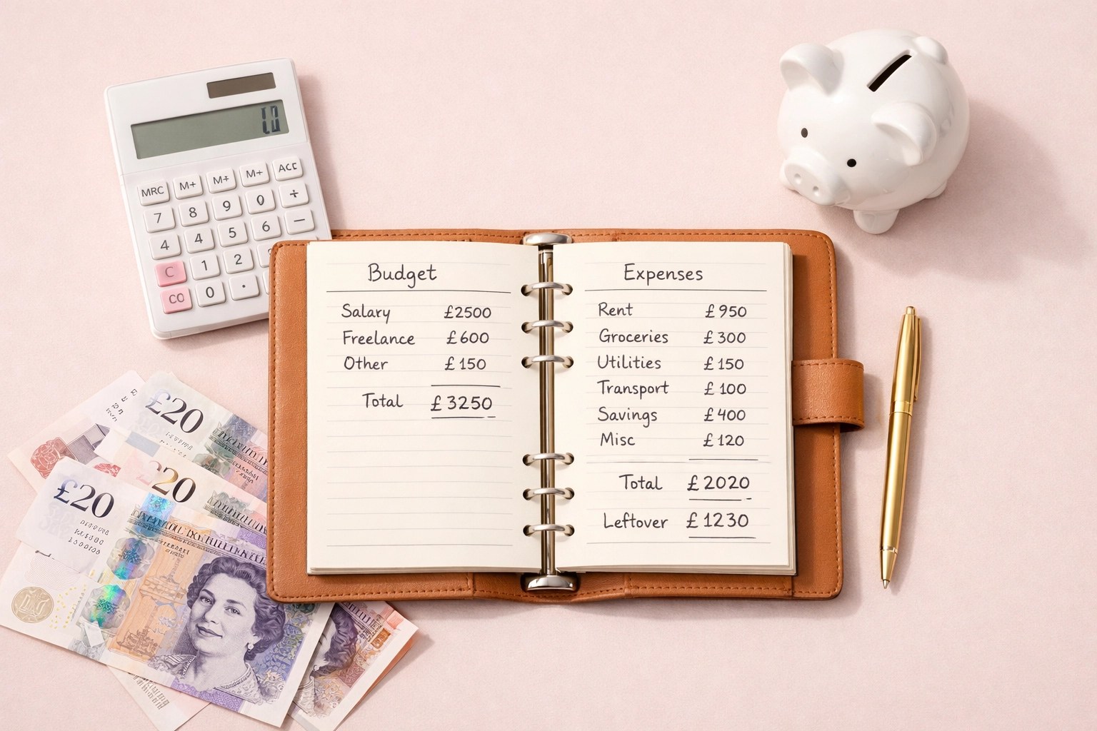 Wedding dress budget planner with calculator and money for Kent brides