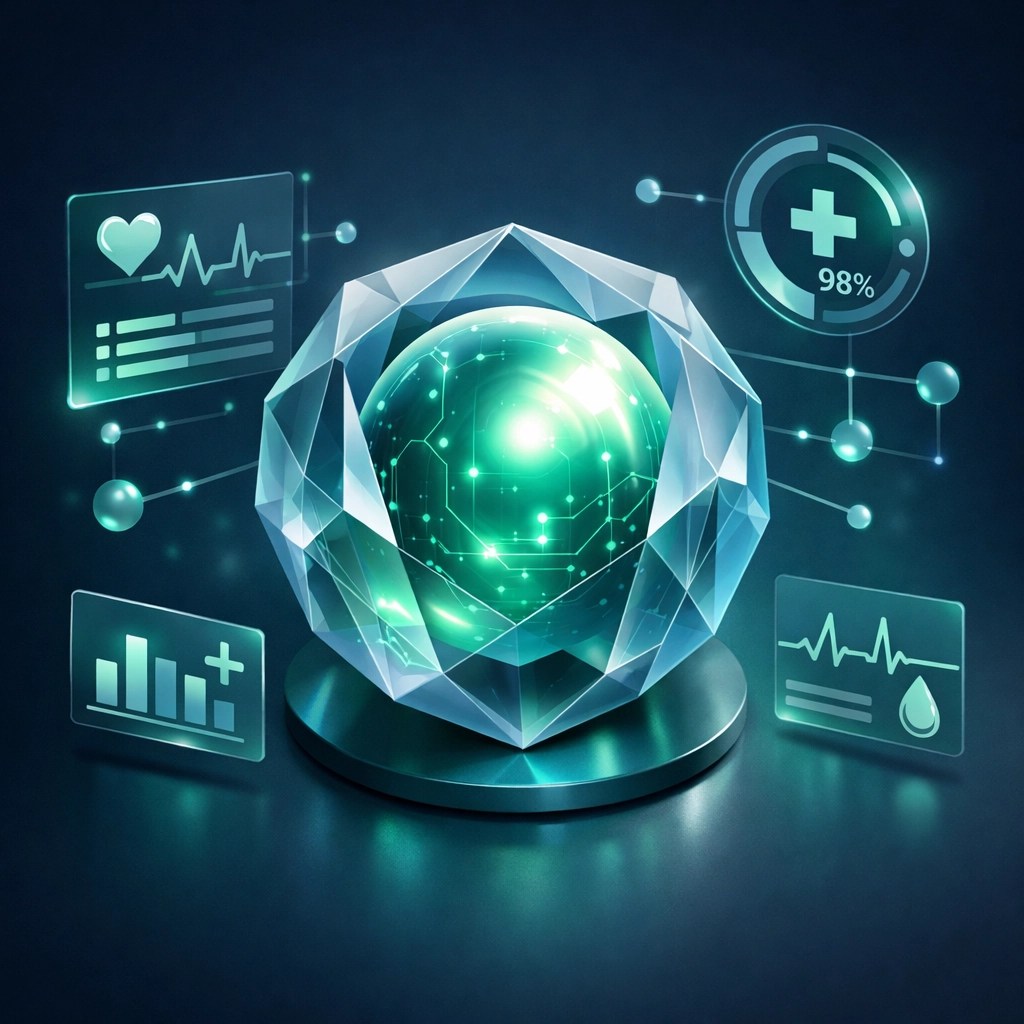 Secure network core with a digital shield and real-time health monitoring icons for proactive IT support.