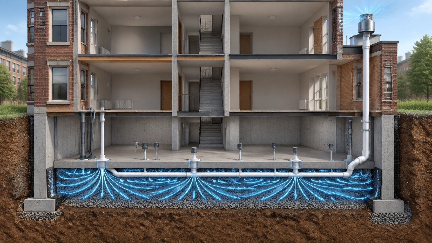 Technical cutaway showing pressure field extension beneath a multifamily building slab