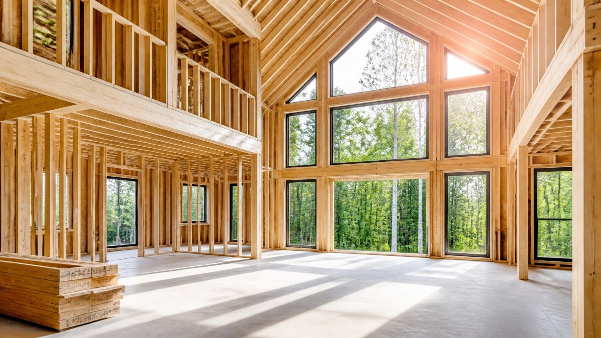 The interior of the unfinished 2,100 square foot home showing the wood framing and potential for customization.